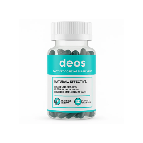 Deos™ Suplemento desodorizante interno elimina el mal olor corporal desde adentro sin aerosoles ni químicos en la piel.