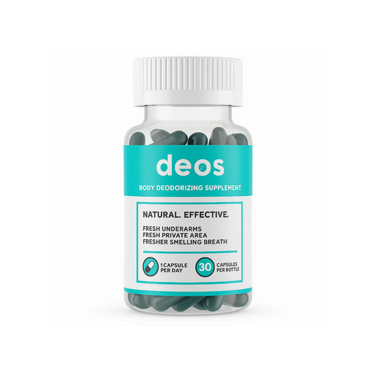 Deos™ Suplemento desodorizante interno elimina el mal olor corporal desde adentro sin aerosoles ni químicos en la piel.